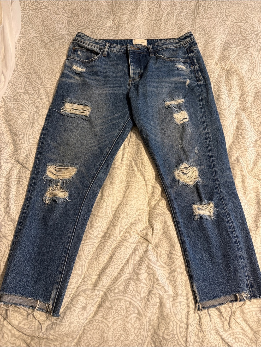 Gilded Intent Medium Blue Distressed Ankle Cropped High-rise Jeans